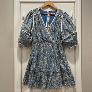 Just Me Mini Dress Women’s Medium Blue Dainty Floral Back Ties Tiered Cotton